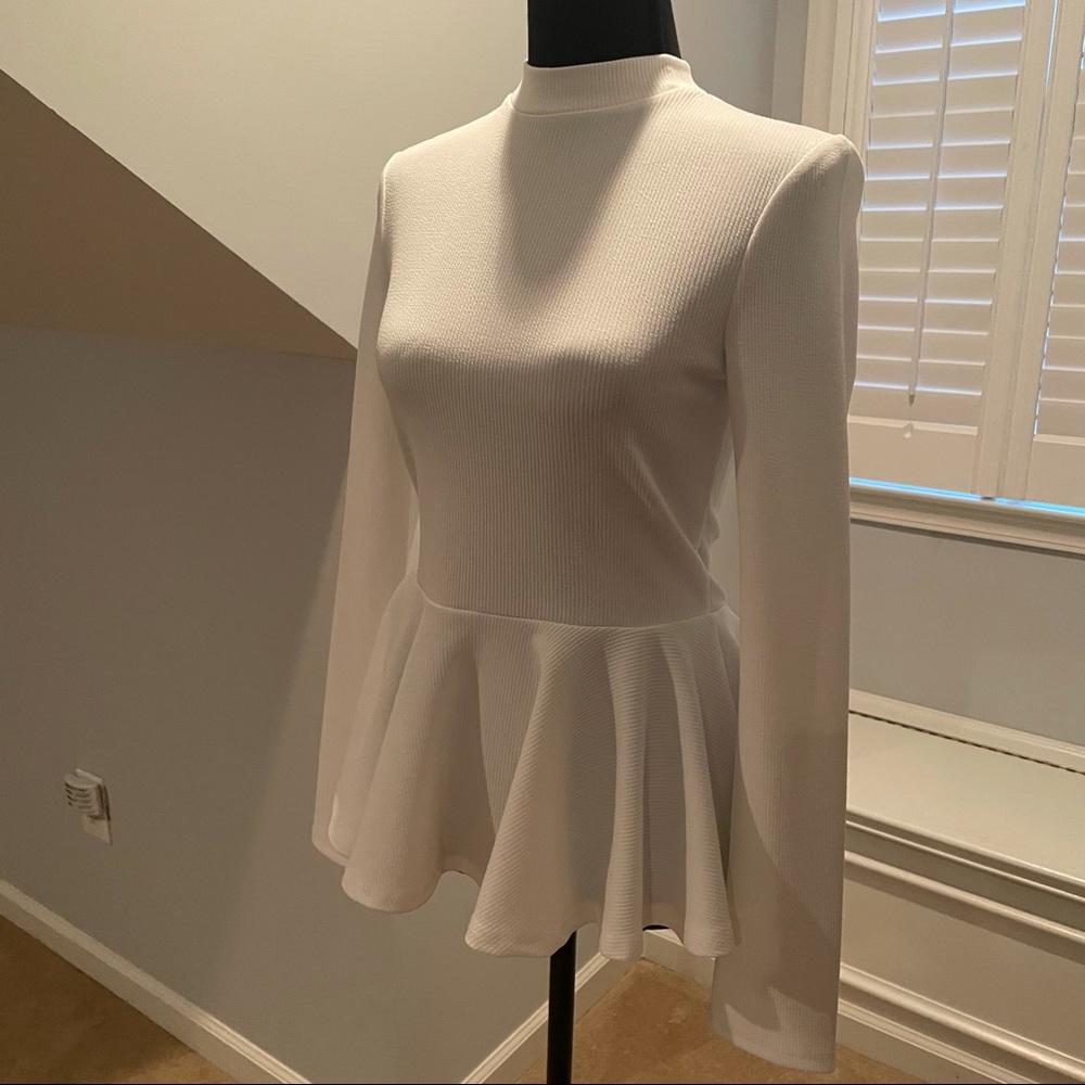 White Long Sleeve Peplum Top with Zip in the back